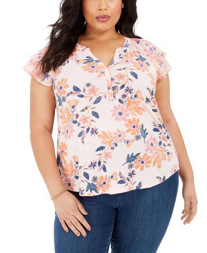 Style & Co Plus Size Printed Flutter-Sleeve Top, Created for Macy's ...