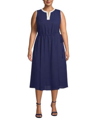 Anne Klein - Plus Size Split-Neck Drawstring-Waist Dress