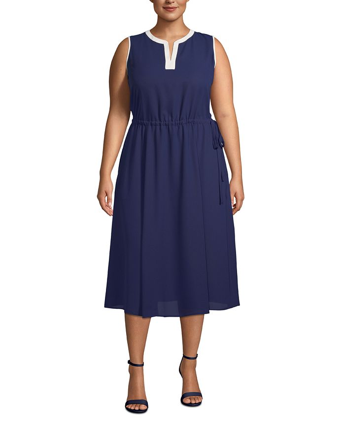 Anne Klein Plus Size Split-Neck Drawstring-Waist Dress - Macy's