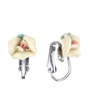 image of 2028 Silver Tone Porcelain Rose Clip-on Earrings