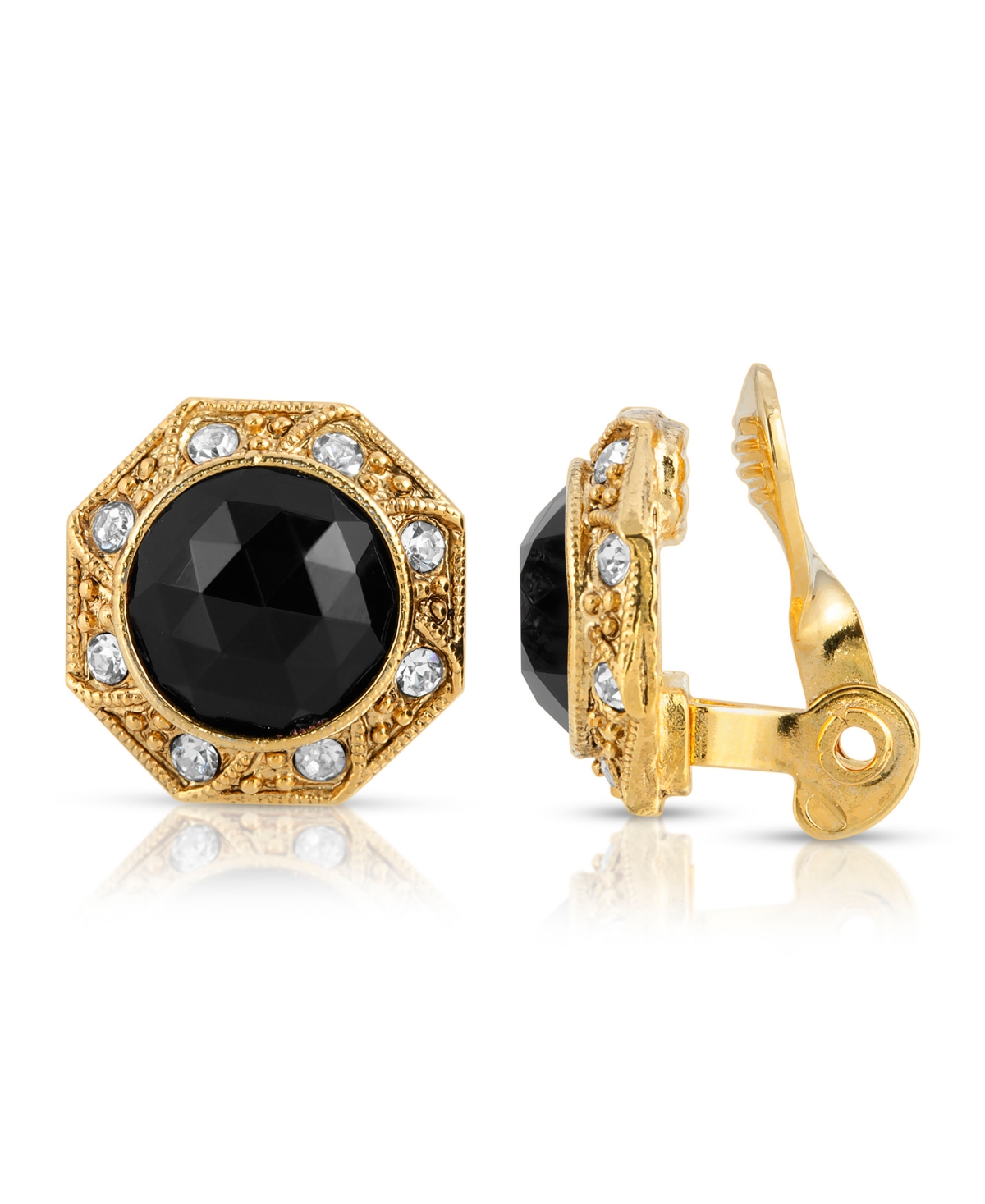 2028 Gold Tone Black Faceted Crystal Round Button Clip Earring