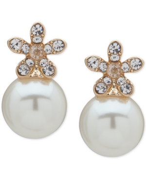 image of Anne Klein Gold-Tone Imitation Pearl & Crystal Flower Stud Earrings