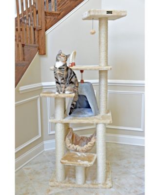 65" Real Wood Cat Tree with Sisal Rope, Hammock, and Soft-Side Playhouse - Model A6501