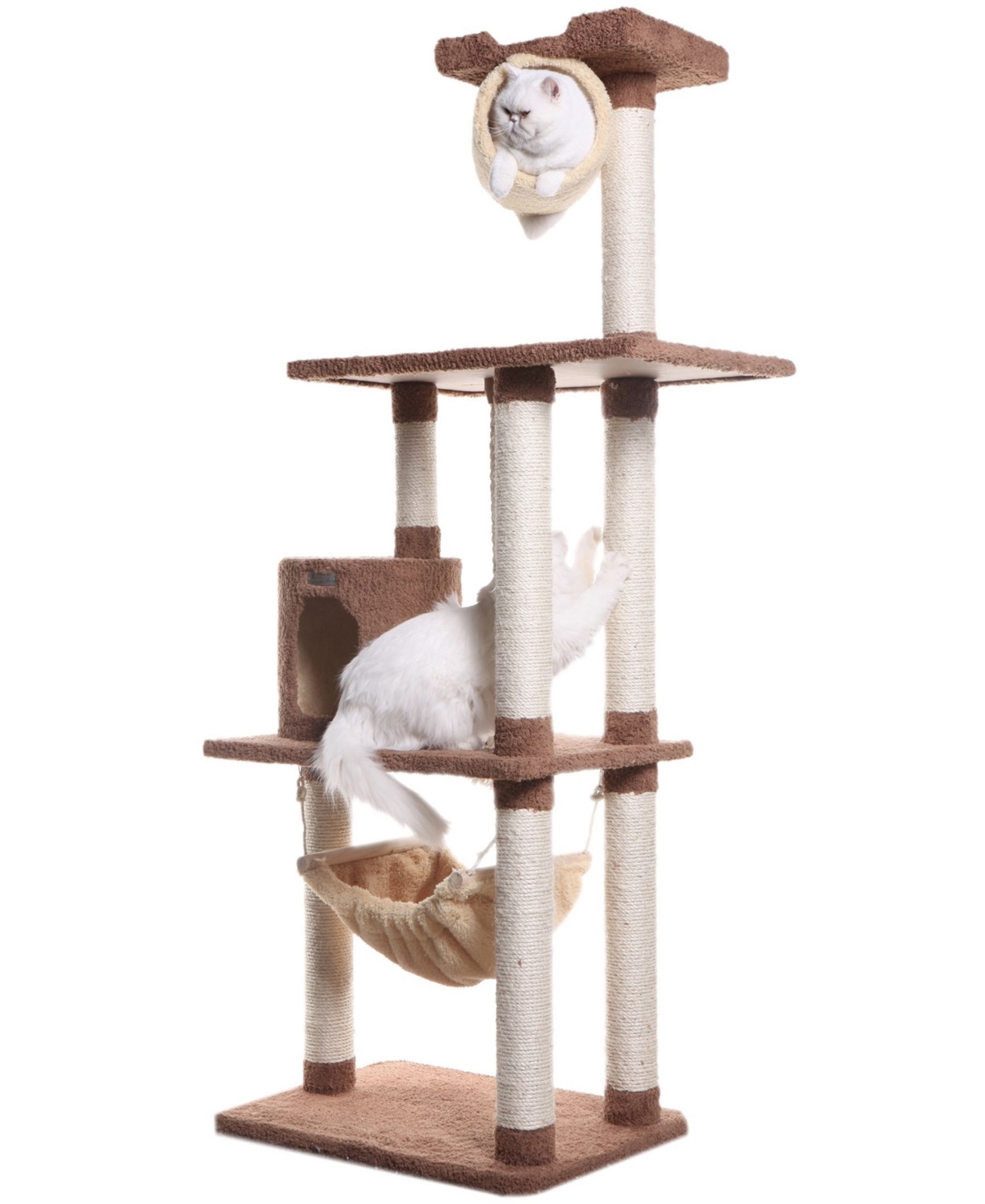 70" Real Wood Cat Tree With Scratch Posts & Hammock - Tan