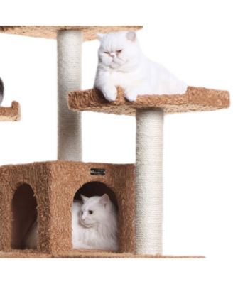 74" Multi-Level Real Wood Cat Tree with ScratchhIng Posts, Large Platform, and Sisal Scratching Posts in Ochre Brown