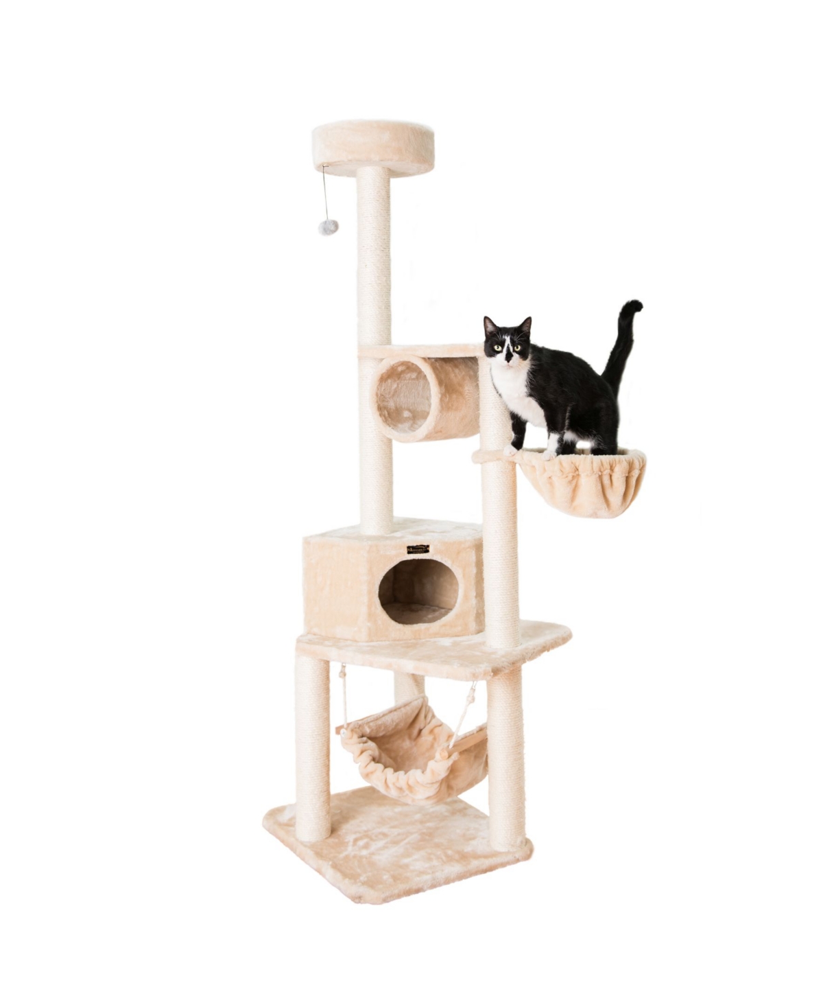 72" H Pet Real Wood Cat Tower With Lounge Basket, Perch - Beige