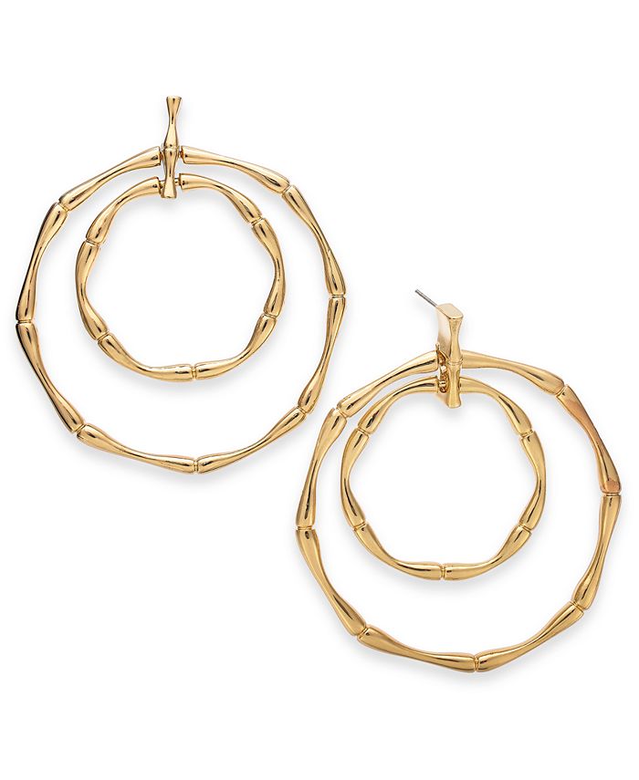 Thalia Sodi Gold Tone Bamboo Double Doorknocker Drop Hoop Earrings