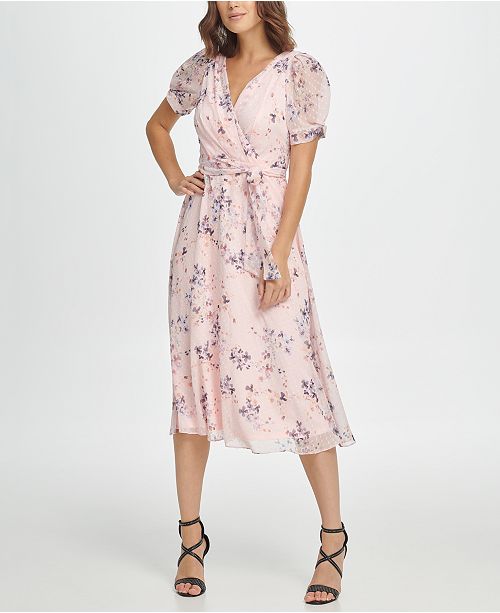 Dkny Floral Puff Sleeve V Neck Midi Dress Reviews Dresses Women Macy S