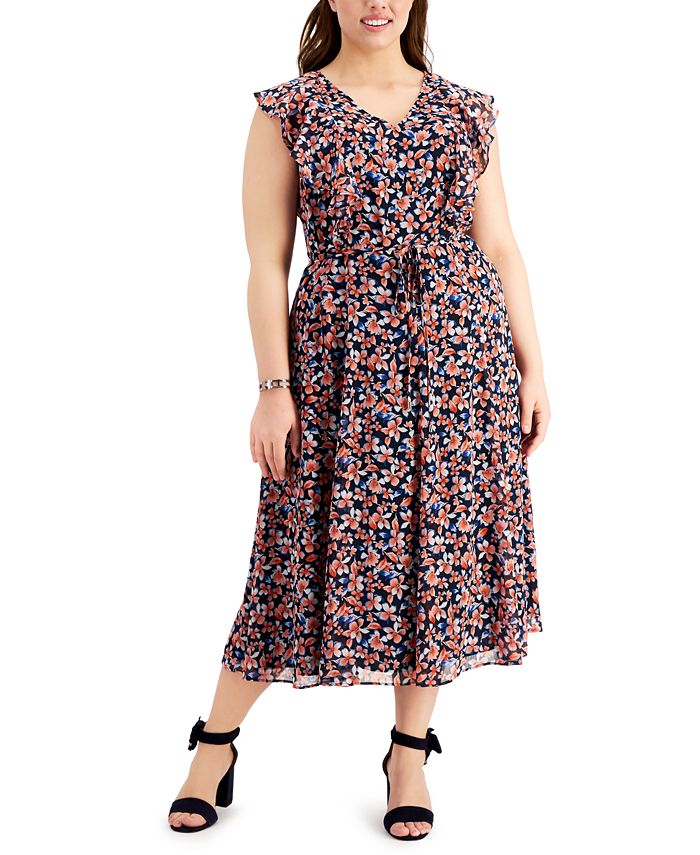Tommy Hilfiger Plus Size Gansette Floral Flutter-Sleeve Dress - Macy's