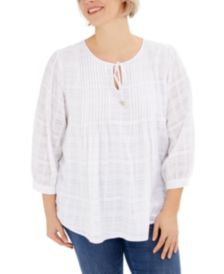 Plus Size Pintuck Gauze Plaid Top, Created for Macy's