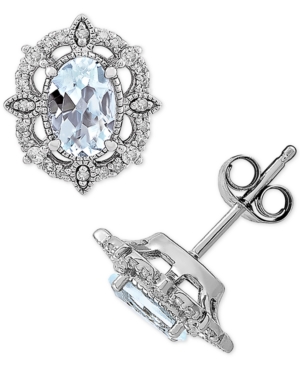 image of Aquamarine (3/4 ct. t.w.) & Diamond (1/8 ct. t.w.) Stud Earrings in 14k White Gold