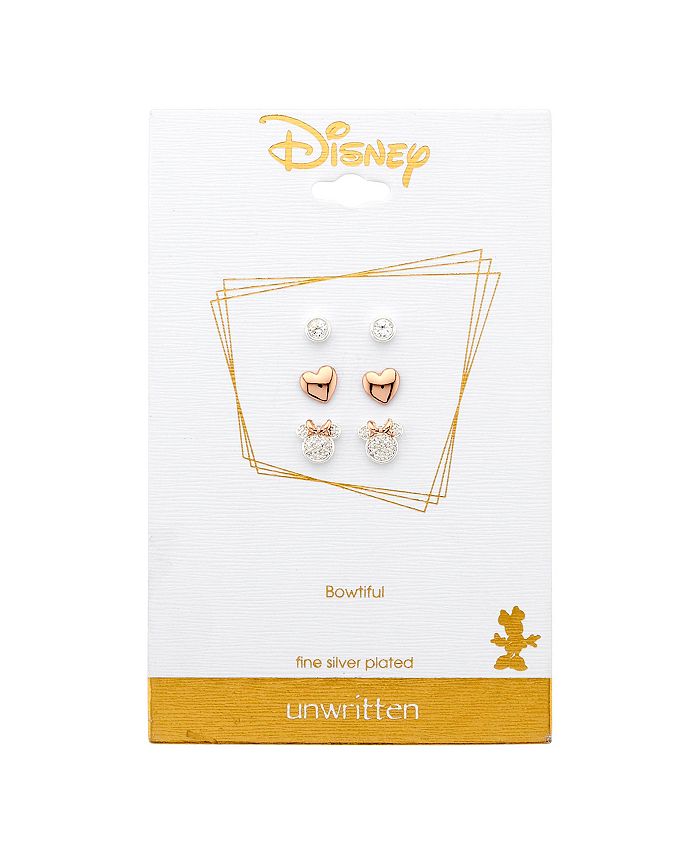 Disney - Three Pair Silver Plated Two Tone Rose Gold Minnie Mouse Earring Set with Rose Gold Heart and Bezel CZ Stud