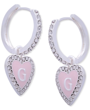 image of Guess Silver-Tone Pink Crystal Heart Huggie Hoop Earrings