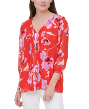 UPC 194414317639 product image for Calvin Klein Floral-Print Tuxedo-Pleated Blouse | upcitemdb.com