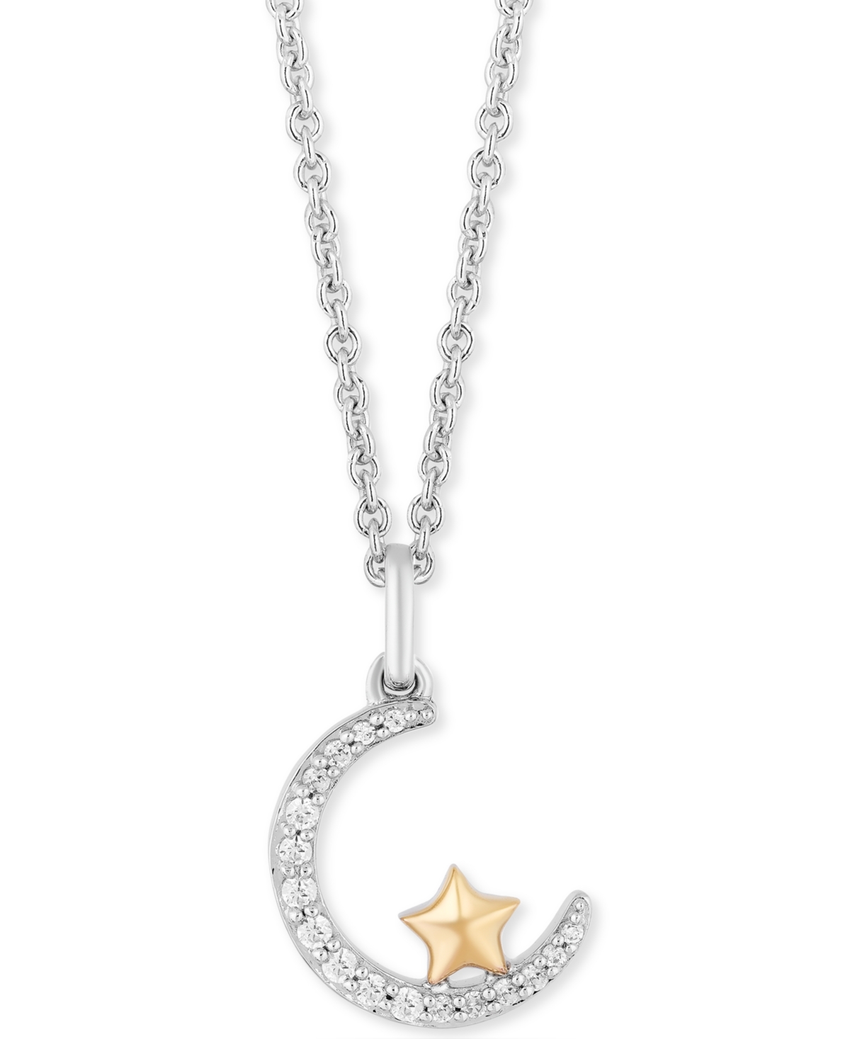 Enchanted Disney Diamond Crescent Moon & Star Jasmine Pendant Necklace (1/10 ct. t.w.) in Sterling Silver & 14k Gold, 16" + 2" extender - Silver
