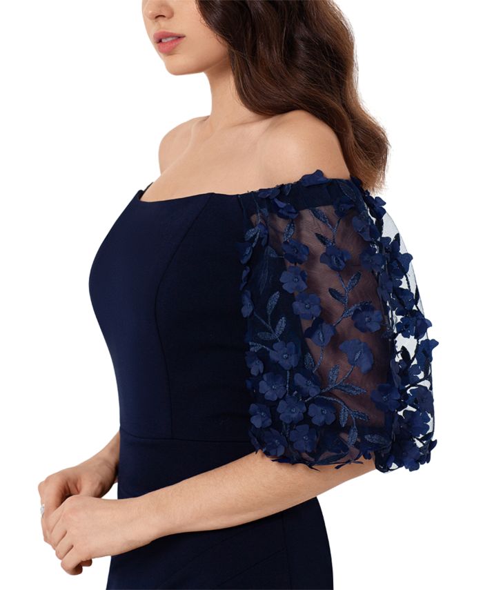 XSCAPE Off-The-Shoulder Floral-Sleeve Gown & Reviews - Dresses - Women - Macy's