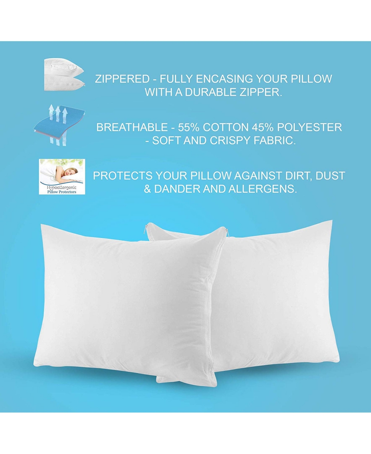 The Grand Poly-Cotton Zippered Pillow Protector - 200 Thread Count - Protects Against Dust, Dirt, and Debris - Size - 2 Pack