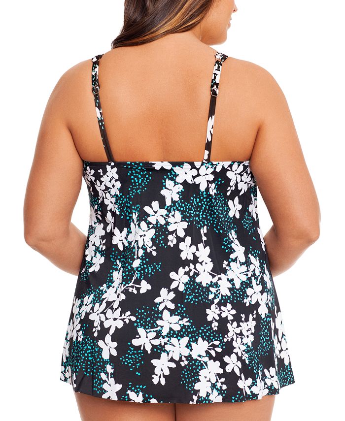 Swim Solutions Plus Size Printed Layered Tummy-Control One-Piece ...