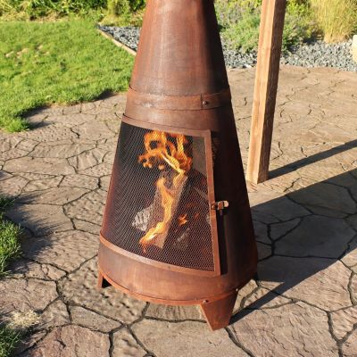 Outdoor Backyard Large Freestanding Oxidized Steel Wood-Burning Fire Pit Chiminea - 70" - Rust Finish