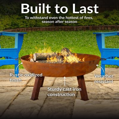 Outdoor Camping or Backyard Round Cast Iron Rustic Fire Pit Bowl with Handles