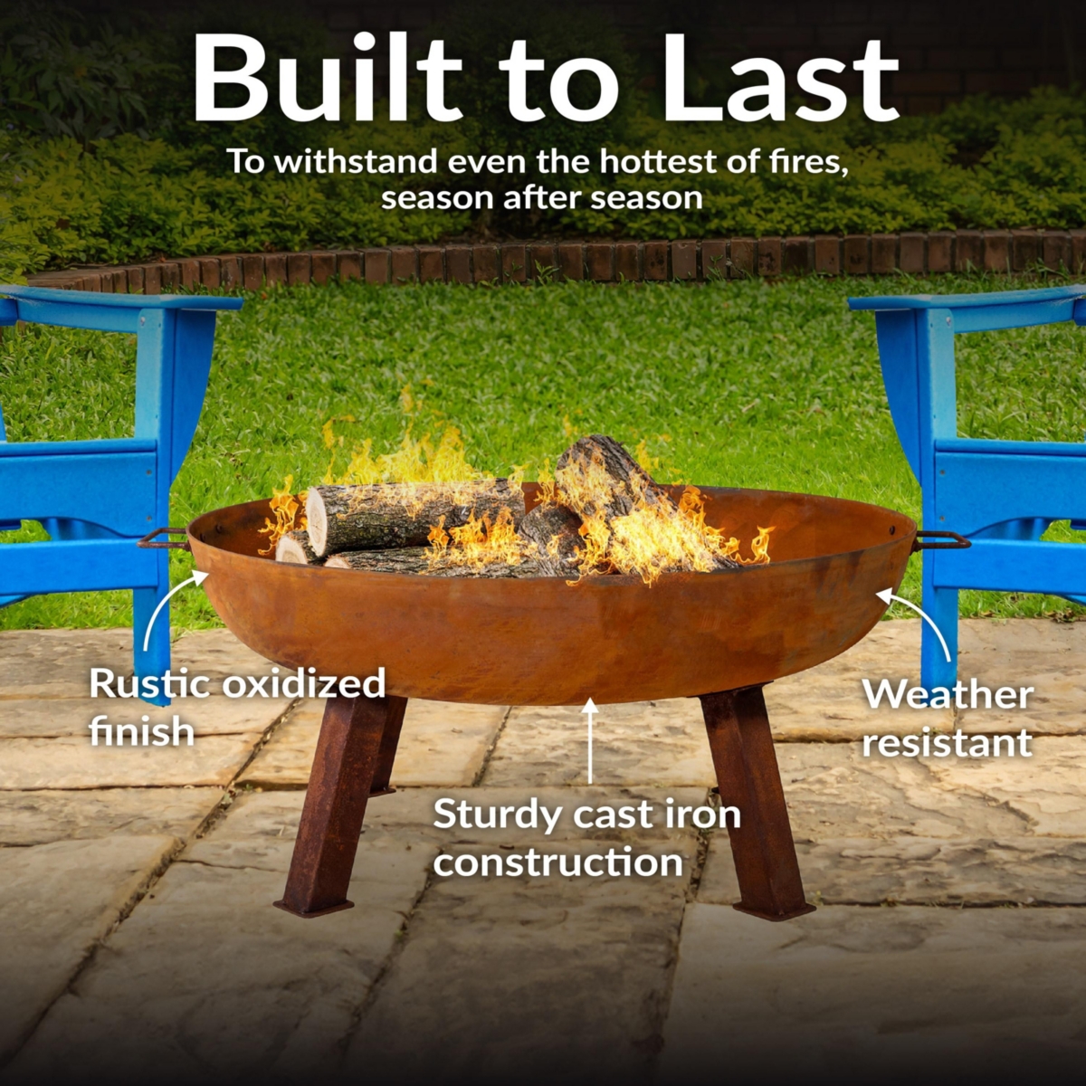 Outdoor Camping or Backyard Round Cast Iron Rustic Fire Pit Bowl with Handles