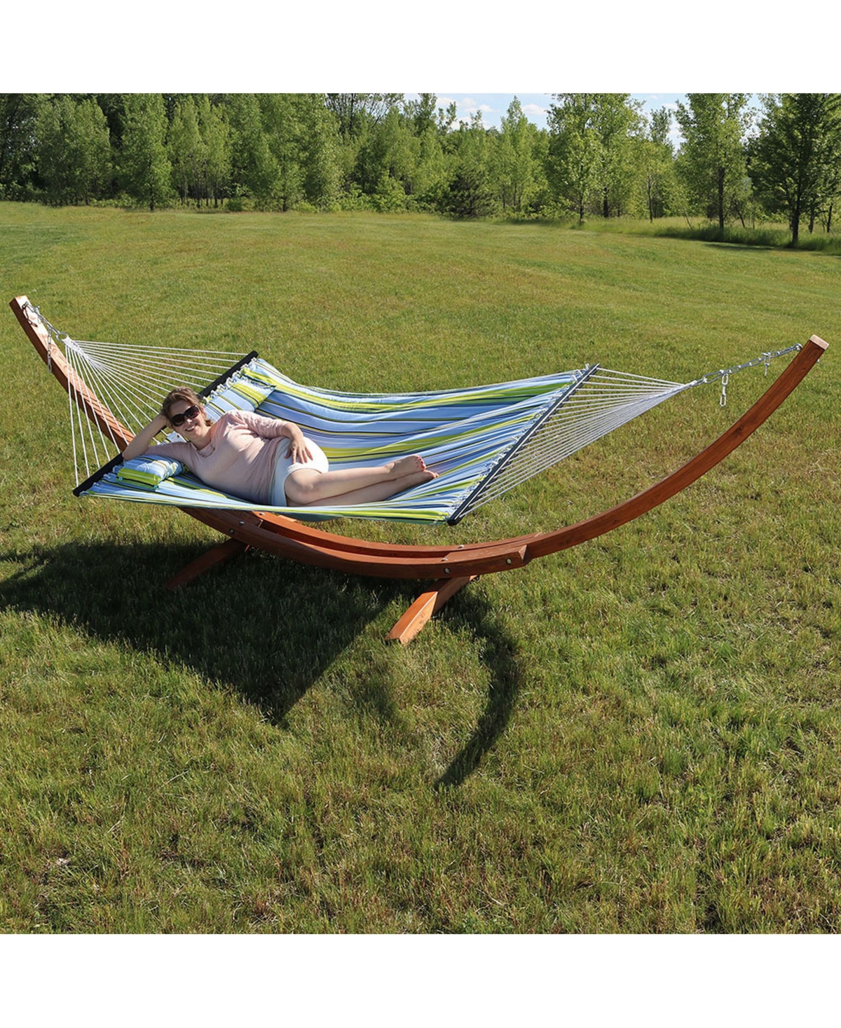 Quilted Double Fabric 2-Person Hammock with Curved Arc Wood Stand