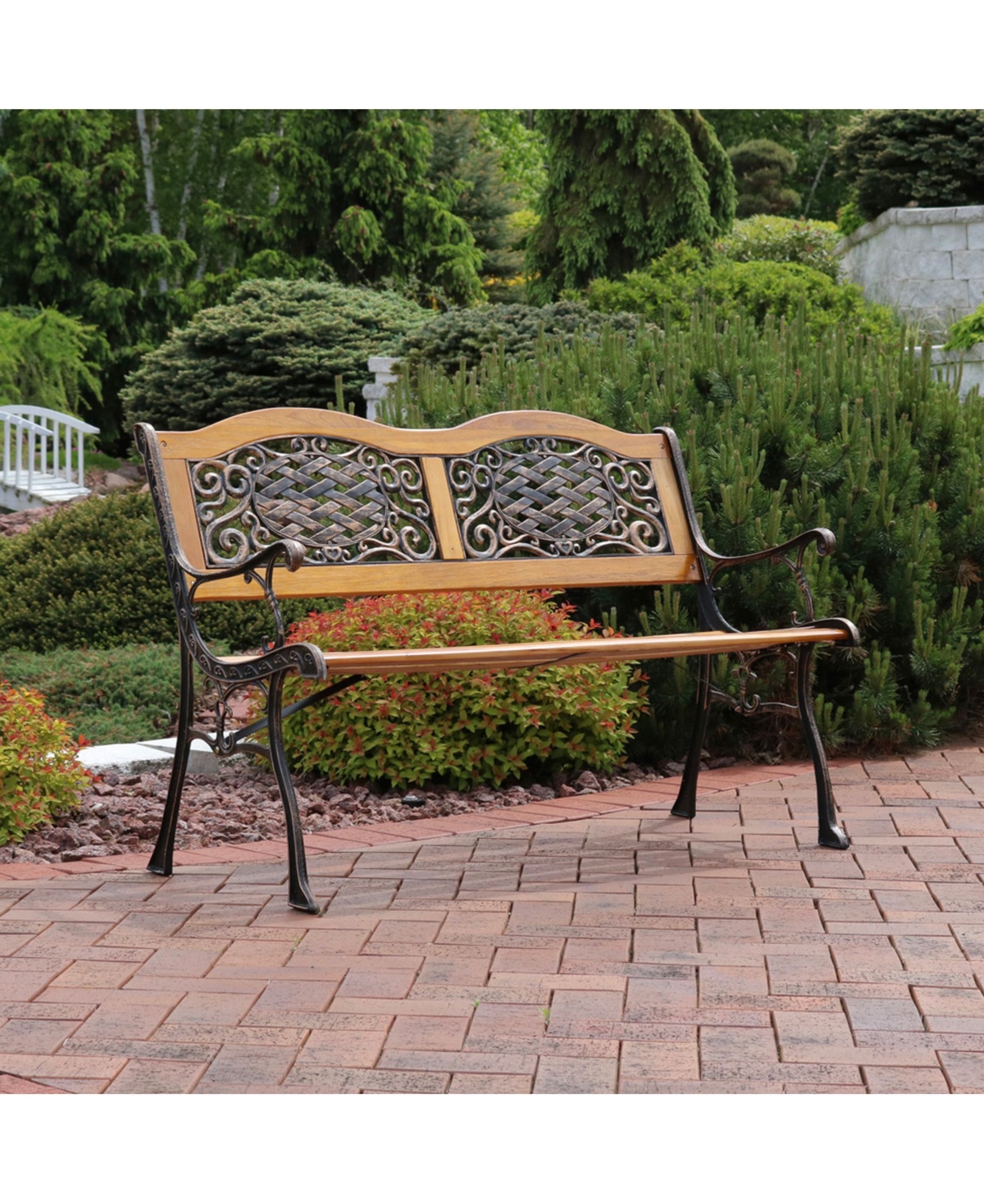 2-Person Ivy Crossweave Design Cast Iron and Wood Frame Outdoor Garden Bench