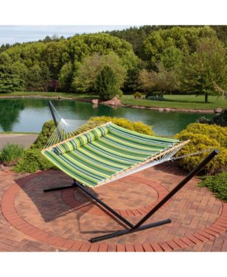Outdoor 2-Person Quilted Fabric Hammock with Spreader Bars and Freestanding Stand