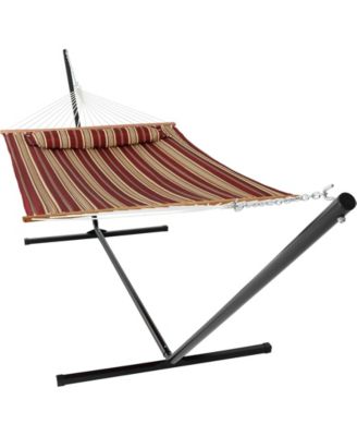 Outdoor 2-Person Quilted Fabric Hammock with Spreader Bars and Freestanding Stand