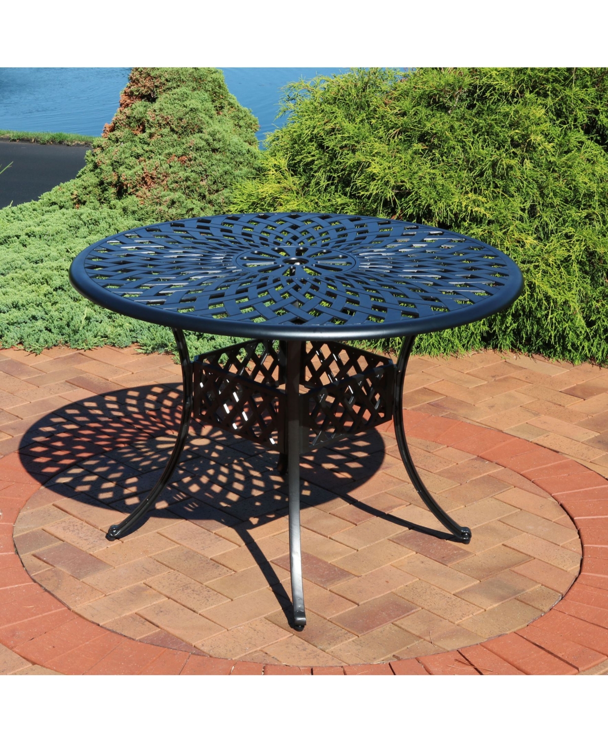 Outdoor Crossweave Design Black Cast Aluminum Round Patio Dining Table with Umbrella Hole