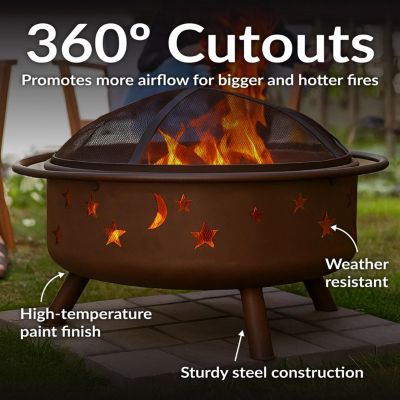 Outdoor Camping or Backyard Round Cosmic Stars and Moons Fire Pit with Cooking Grill Grate, Spark Screen, and Log Poker - 30"