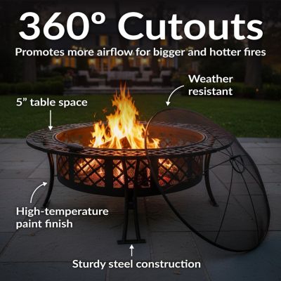 Outdoor Camping or Backyard Steel Diamond Weave Fire Pit Bowl with Spark Screen - 40" - Black