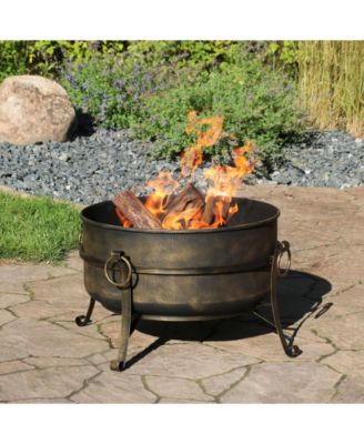 Outdoor Camping or Backyard Round Cauldron Fire Pit with Spark Screen, Log Poker, and Metal Wood Grate