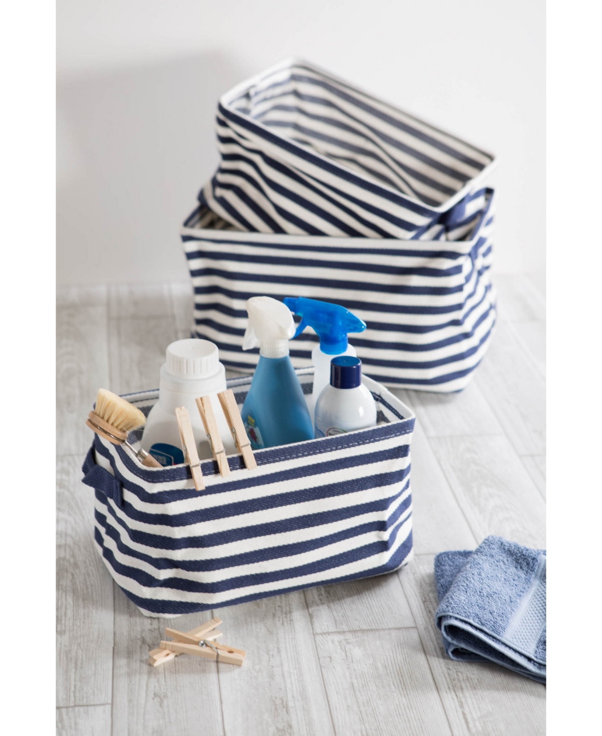 Design Imports Polyethylene Coated Herringbone Woven Cotton Laundry Bin Stripe French Rectangle Set of 3