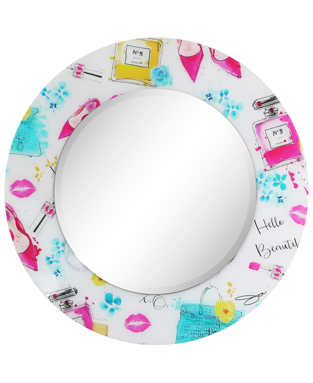 Beautiful Round Beveled Wall Mirror on Free Floating Reverse Printed Tempered Art Glass, 36" x 36" x 0.4" - Multi