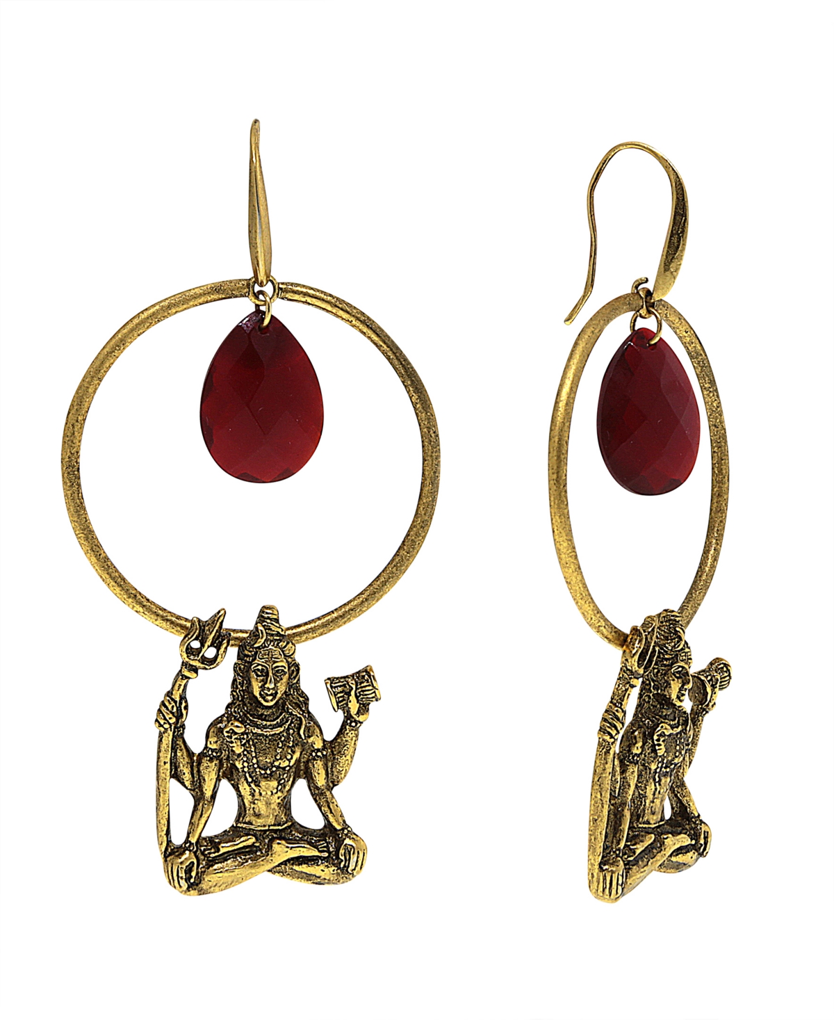 1928 T.r.u. By  Goddess "shiva" 14 K Gold Dipped Hoop Earring With Briolette Center In Red