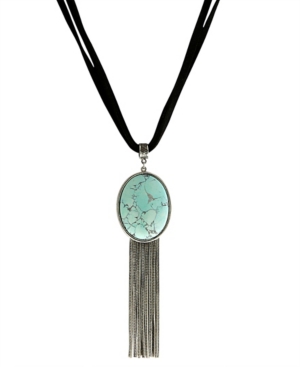 image of T.r.u. by 1928 Genuine Howlite Dyed Turquoise Oval Silver Tone Tassel Leather Necklace