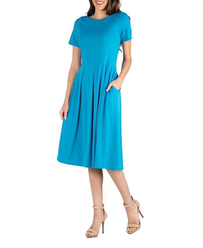 24seven Comfort Apparel Midi Dress with Short Sleeves and Pocket Detail ...