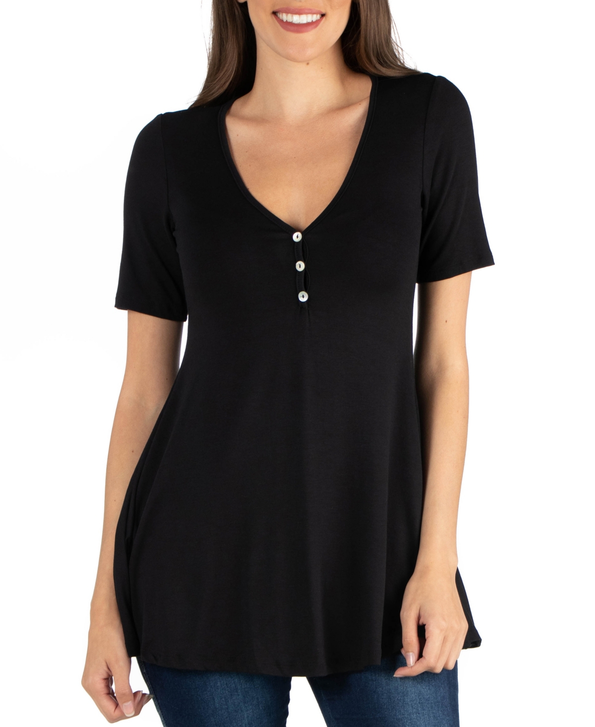  24seven Comfort Apparel Quarter Sleeve Tunic Top with Button Detail
