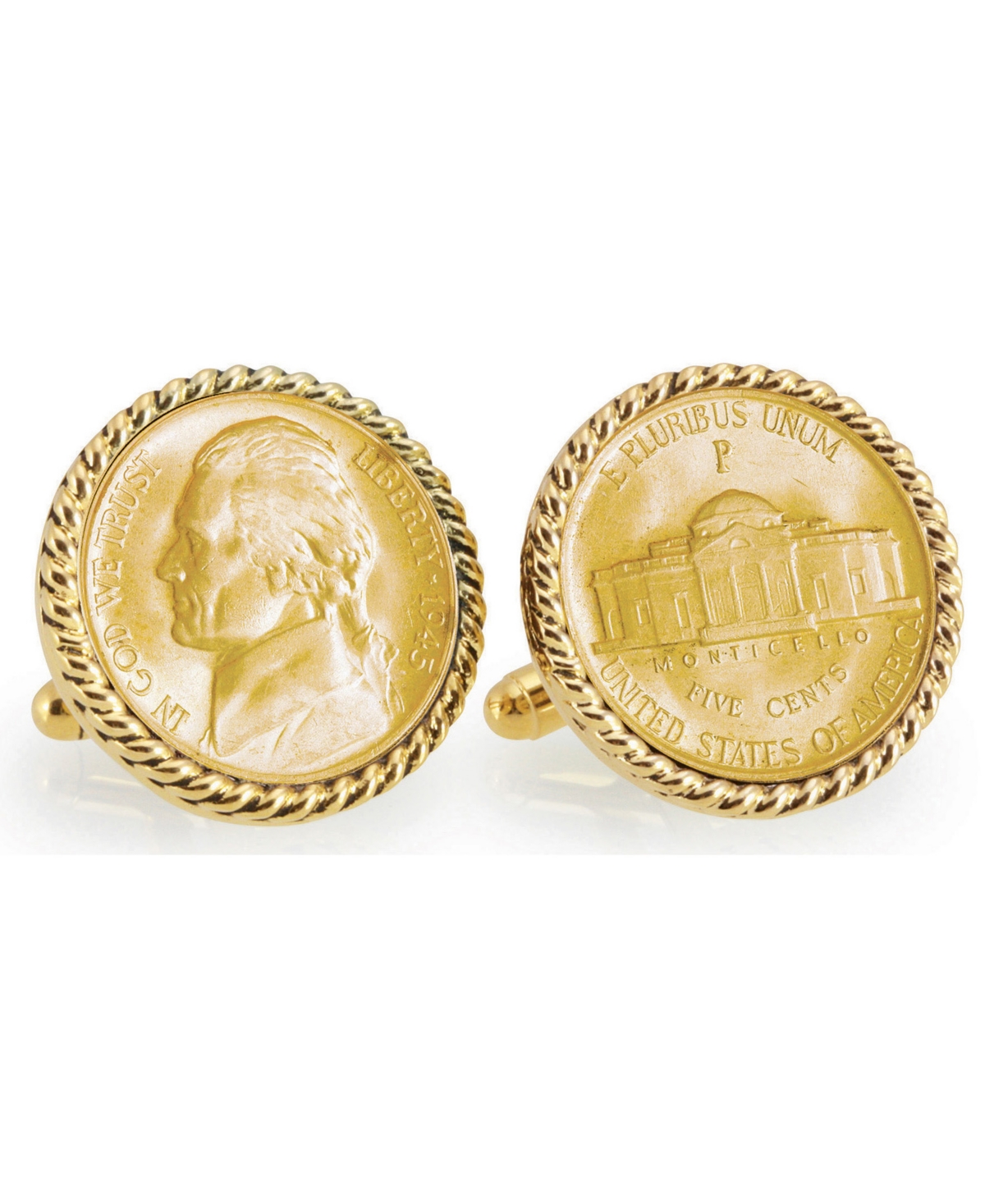 Gold-Layered Silver Jefferson Nickel Wartime Nickel Rope Bezel Coin Cuff Links - Gold