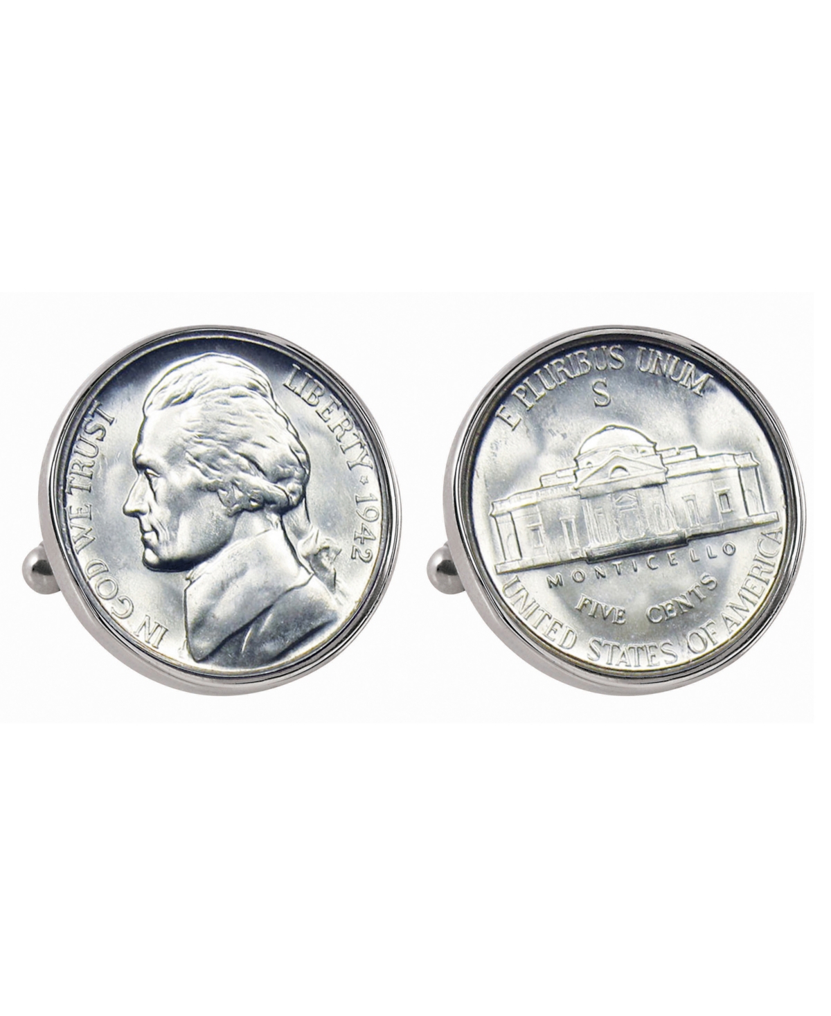 Silver Jefferson Nickel Wartime Nickel Bezel Coin Cuff Links - Silver