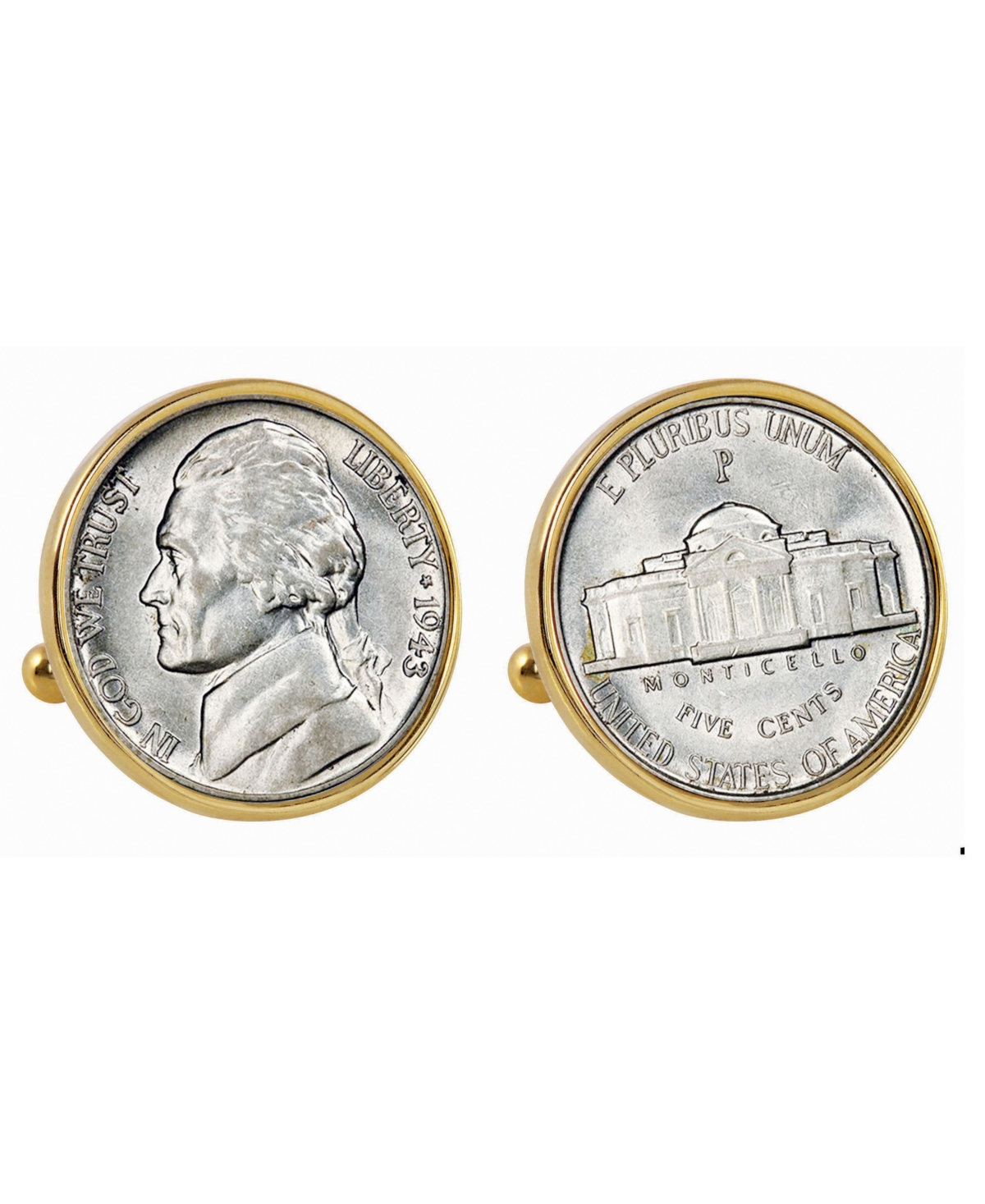 Silver Jefferson Nickel Wartime Nickel Bezel Coin Cuff Links - Gold