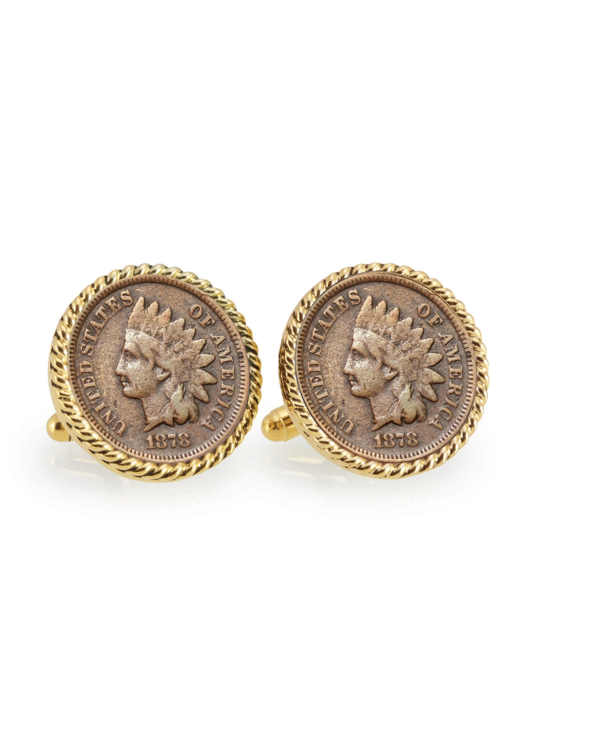 1800's Indian Head Penny Rope Bezel Coin Cuff Links - Gold