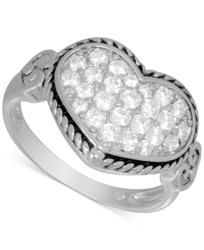 Essentials - Cubic Zirconia Heart Cluster Statement Ring in Fine Silver-Plate