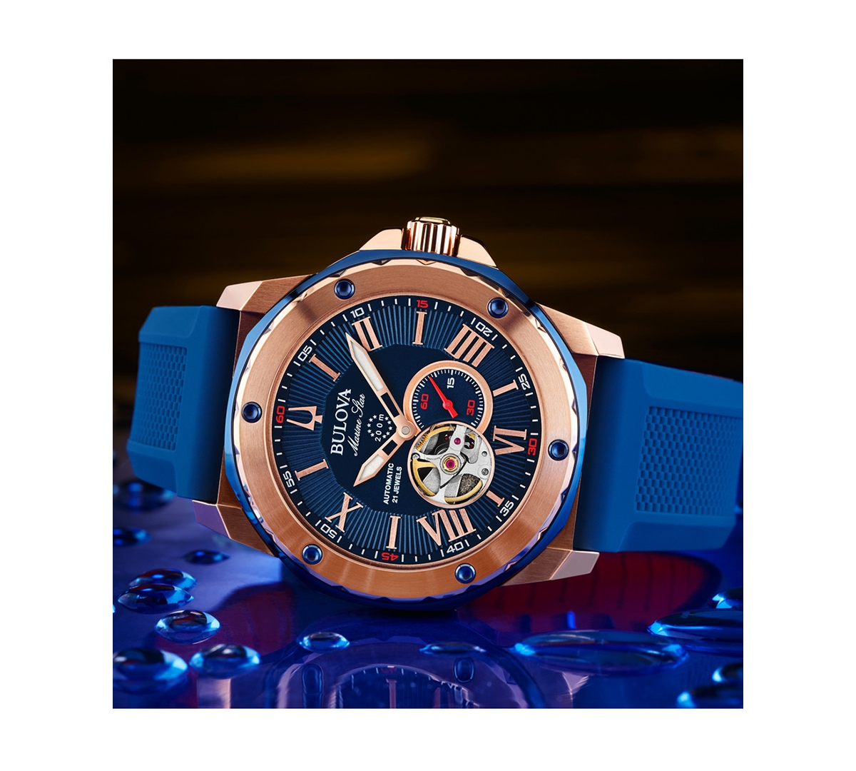 Shop Bulova Men's Automatic Marine Star Blue Silicone Strap Watch 45mm In Blue,blue
