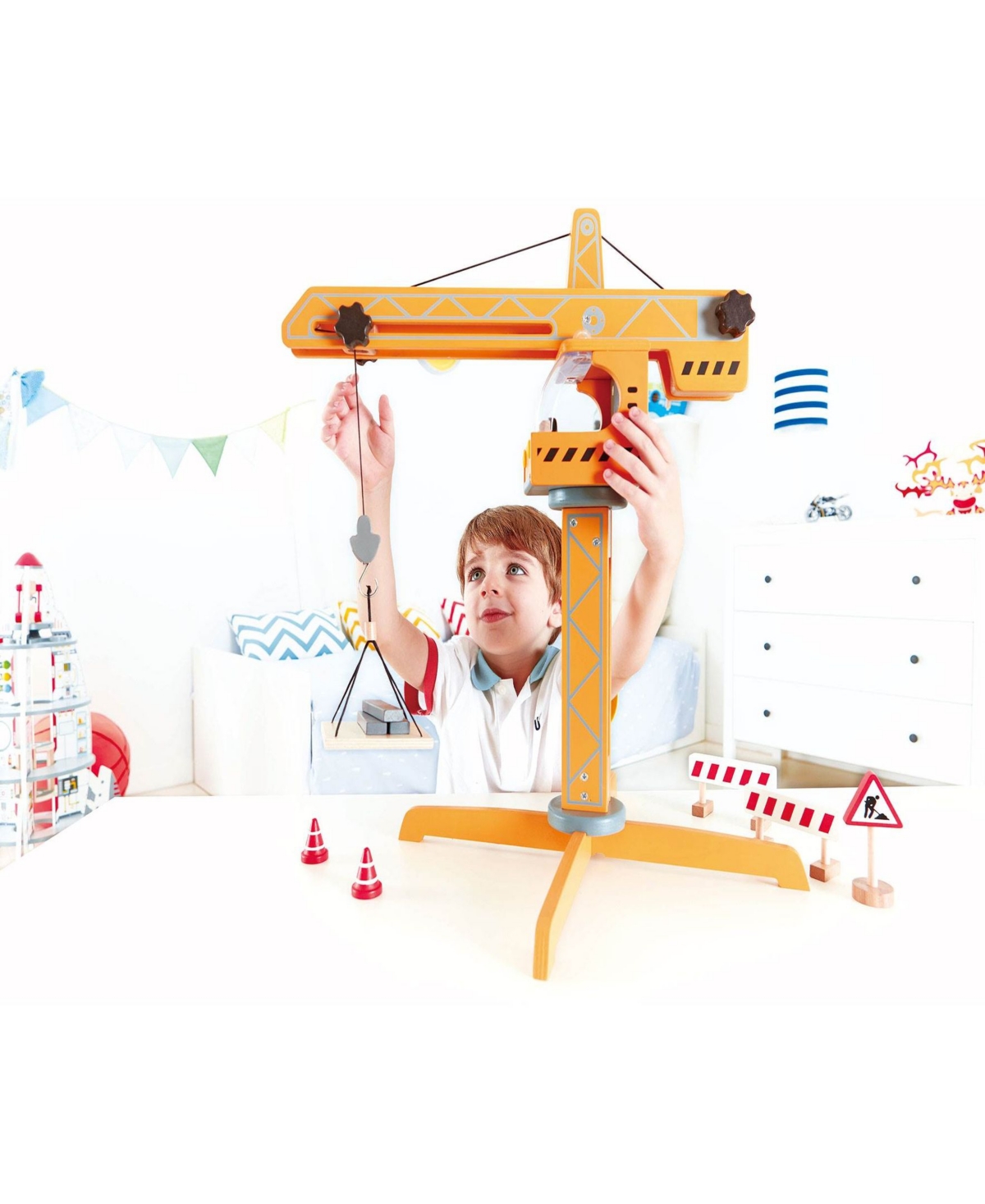 Shop Hape Yellow Plays Capes Crane Lift Playset In Multi