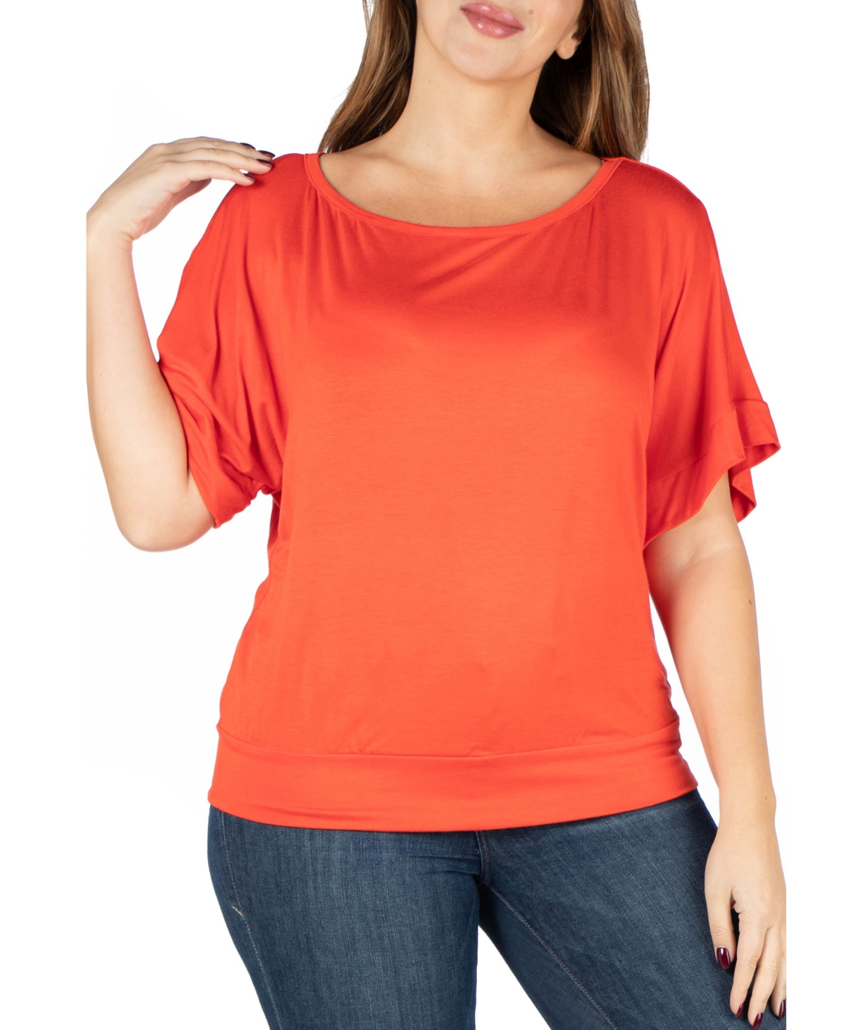 24seven Comfort Apparel Plus Size Short Sleeve Loose Fit Dolman Top In Carrot