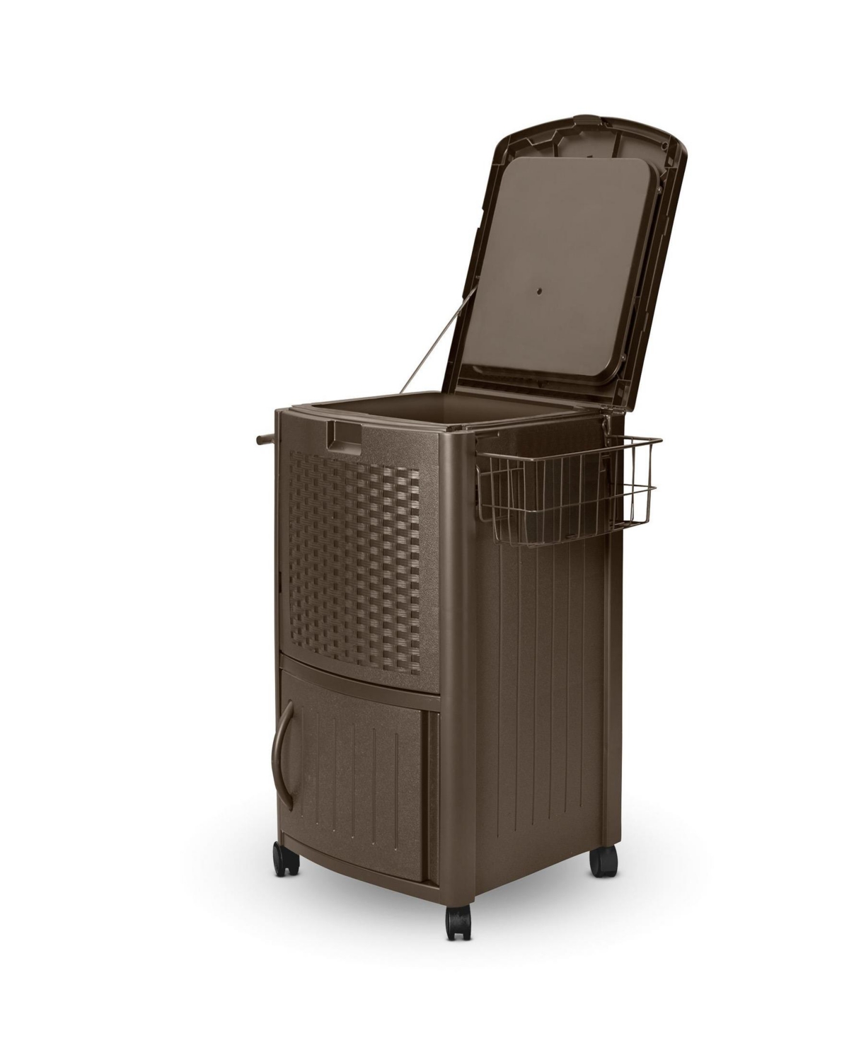 DCCW3000D 77 Quart Resin Wicker Patio Cooler with Cabinet & Wire Basket - Java