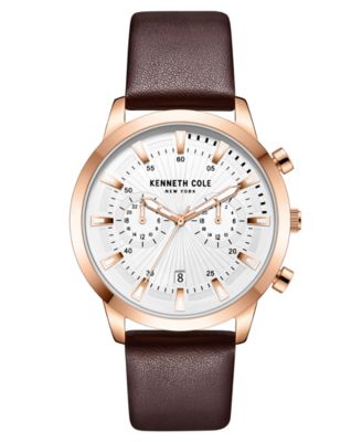 Kenneth Cole New York - Men's Multifunction Dual Time Rose-Gold plated Stainless Steel Watch on Brown Genuine Leather Strap, 44mm