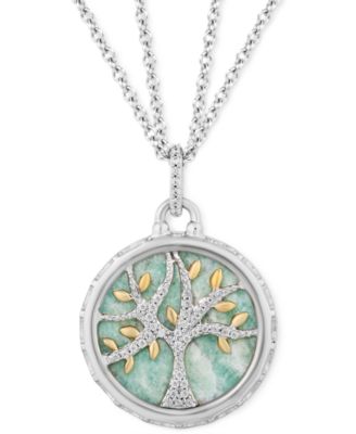 Hallmark Diamonds - Amazonite & Diamond (1/10 ct. t.w.) Family Tree Pendant Necklace in Sterling Silver & 14k Gold, 16" + 2" extender